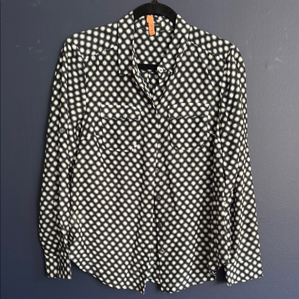 Ann Taylor Navy and White Polka Dot Button-Up Shirt